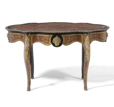 Tavolo in Legno Ebanizzato e Decoro in Bronzo e Metallo Dorato Stile Boulle, Francia XIX Secolo
