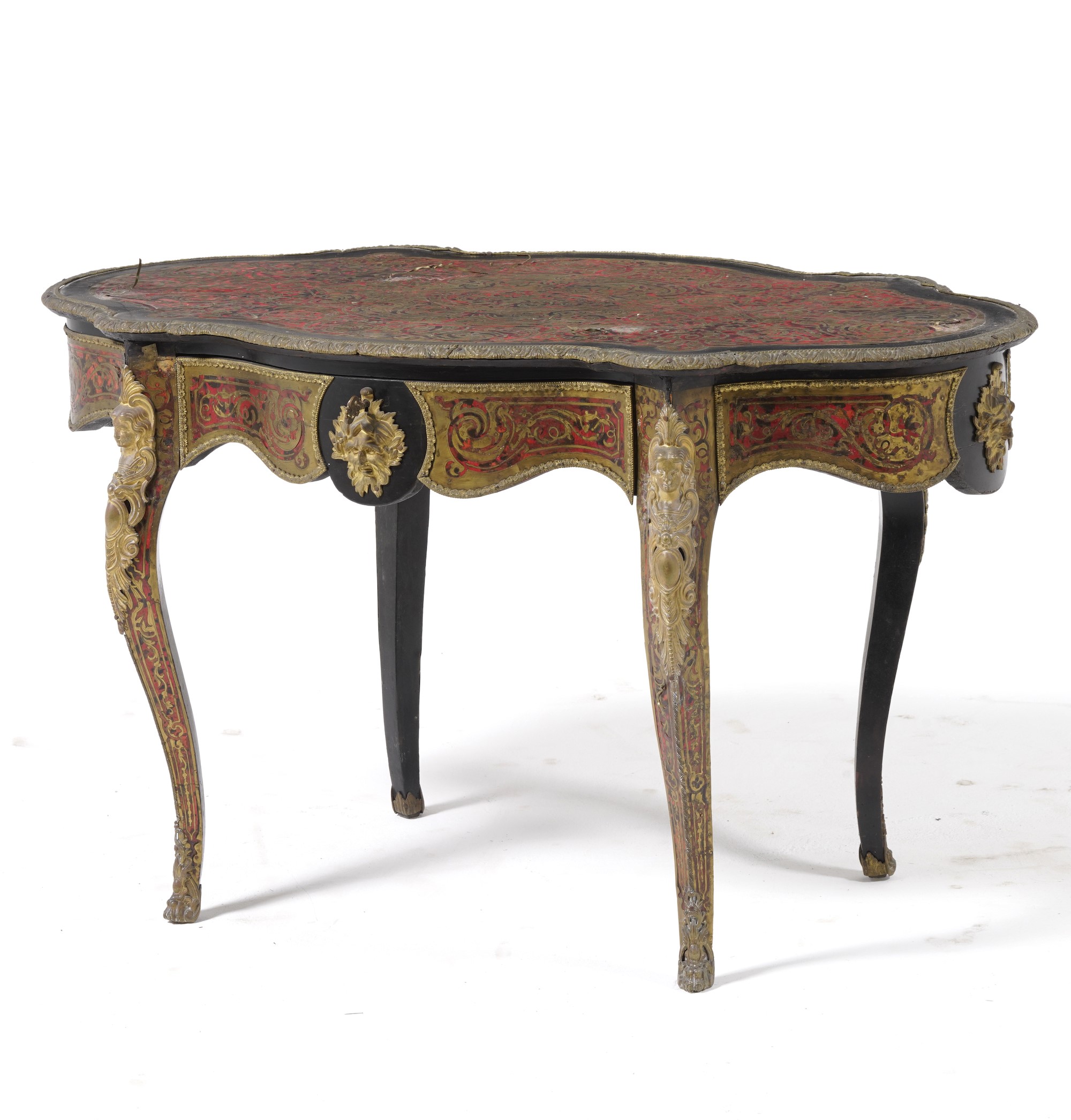 Tavolo in Legno Ebanizzato e Decoro in Bronzo e Metallo Dorato Stile Boulle, Francia XIX Secolo