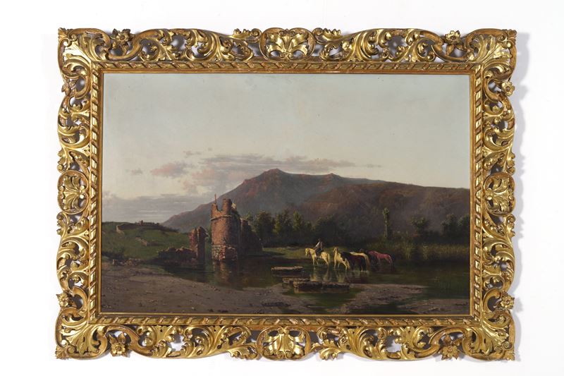 Scuola del XIX-XX secolo Paesaggio con cavalli  - olio su tela - Asta Dipinti del XIX e XX secolo - Cambi Casa d'Aste