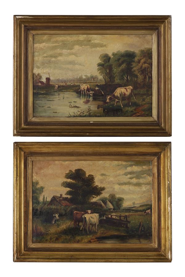 Pittore del XIX-XX secolo Coppia di paesaggi con mucche al pascolo