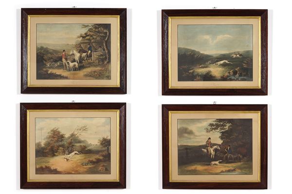 Quattro stampe con scene di caccia, in cornice