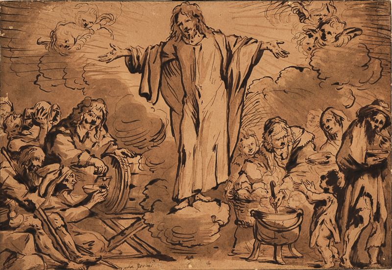 Scuola del XVIII secolo Miracolo di Gesù  - penna, inchiostro bruno e acquerello su carta - Asta Pittura Antica - Cambi Casa d'Aste