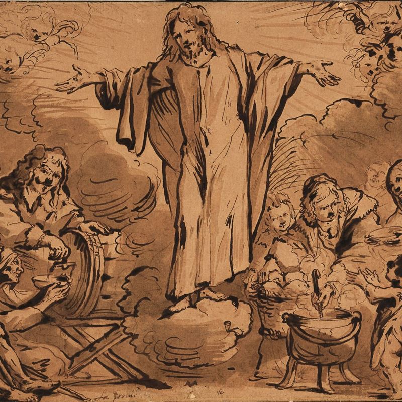 Scuola del XVIII secolo Miracolo di Gesù  - penna, inchiostro bruno e acquerello su carta - Auction Old Masters - Cambi Casa d'Aste