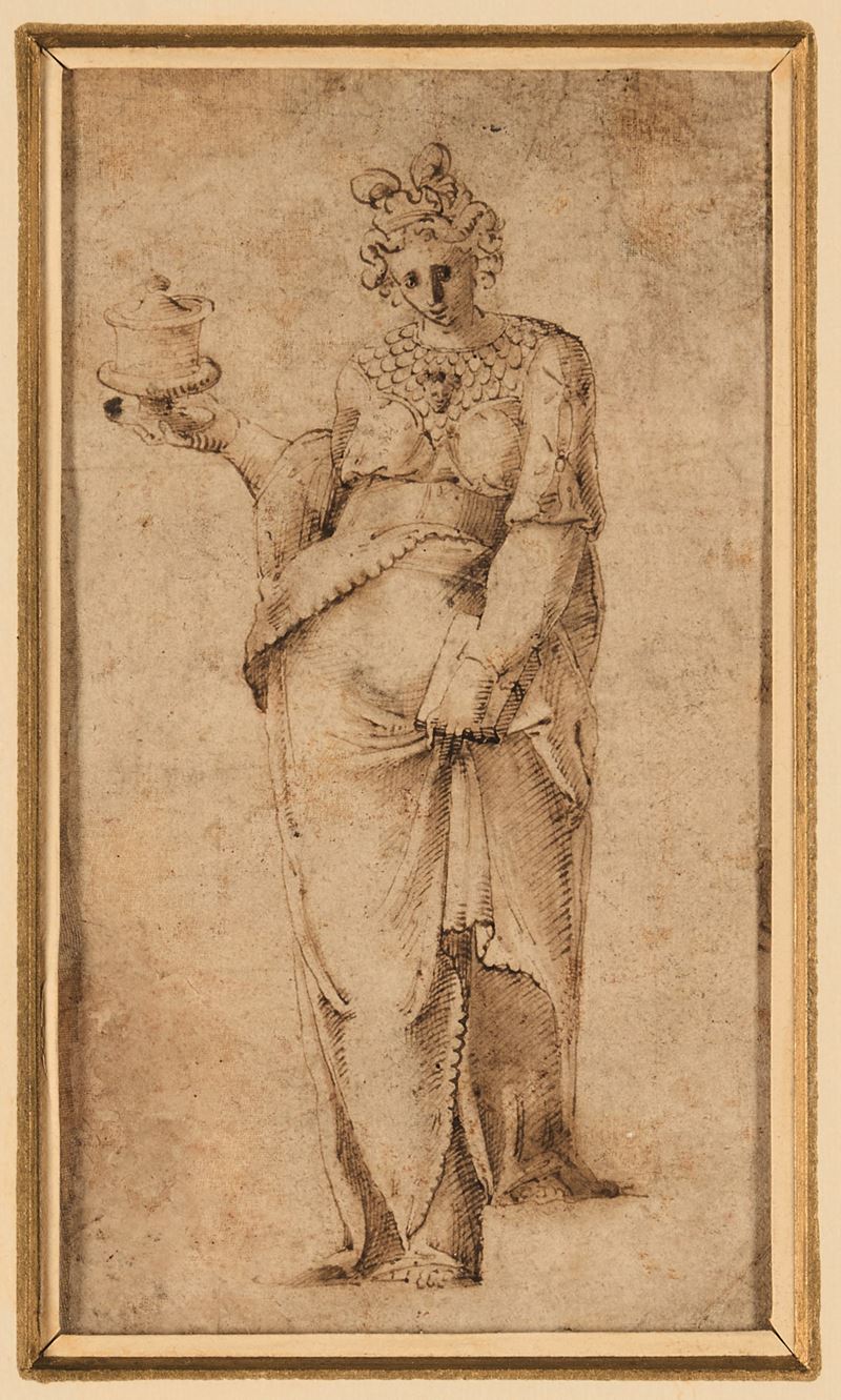 Scuola emiliana del XVI secolo Figura allegorica  - penna, inchiostro bruno e acquerello su carta - Asta Dipinti Antichi - Cambi Casa d'Aste