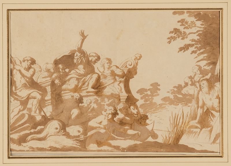 Scuola del XVII secolo Lo sbarco dell'eroe  - inchiostro bruno e acquerello su carta - Asta Dipinti Antichi - Cambi Casa d'Aste