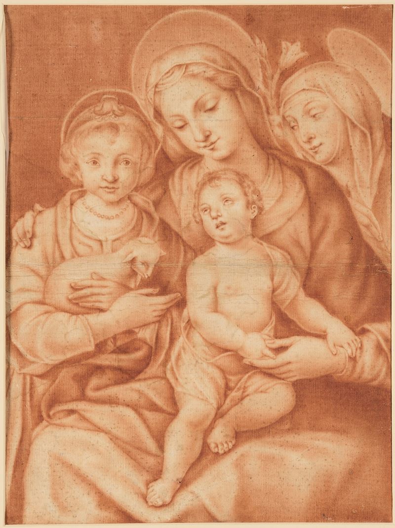 Scuola del XIX secolo Madonna con Bambino, S. Anna e San Giovannino  - matita rossa su carta - Auction Old Masters - Cambi Casa d'Aste