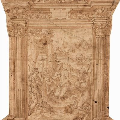 Scuola del XVI Secolo San Gerolamo in Eremitaggio con Santi Entro Ricco Incorniciamento a Tempiet...