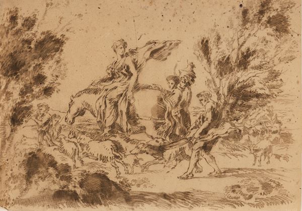 Giovanni Benedetto Castiglione detto il Grechetto - (XIX secolo) Paesaggio con pastori