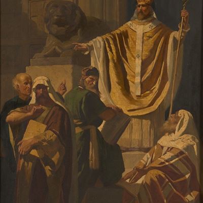Anonimo del XIX-XX secolo, Sant’Agostino caccia gli scismi e le eresie, olio su tela