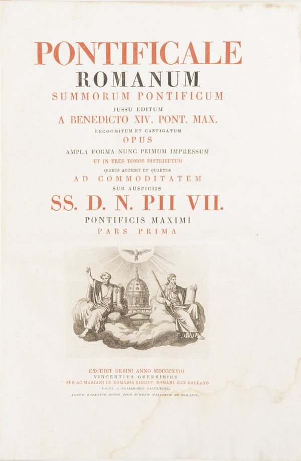 Legature in marocchino rosso, secolo XIX. Pontificale Romanum. P. P. Pio VII. Urbino, 18.