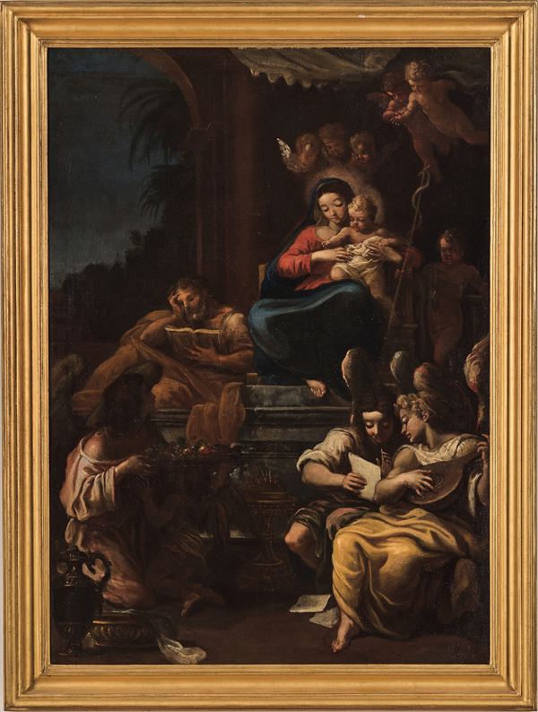 Scuola parmense del XVII secolo Sacra Famiglia con San Giovannino e angeli musicanti