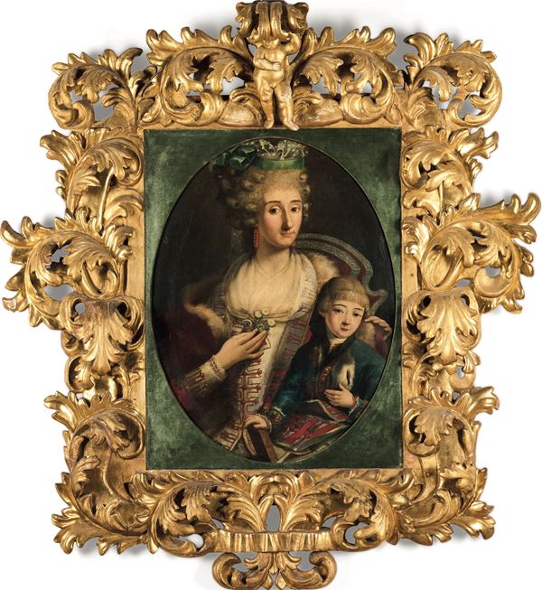 Scuola parmense della seconda metà del XVIII secolo La cornice misura h. 155 e l. 142 Ritratto di gentildonna con il figlio