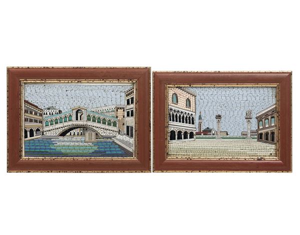 Coppia di micromosaici raffiguranti il Ponte di Rialto e Piazza San Marco a Venezia. XIX-XX secolo