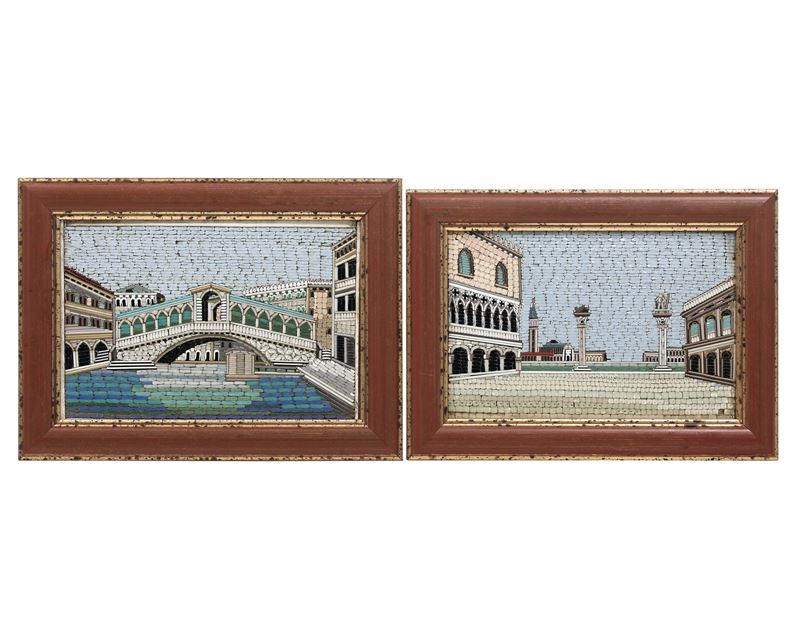 Coppia di micromosaici raffiguranti il Ponte di Rialto e Piazza San Marco a Venezia. XIX-XX secolo  - Auction Italian Mansions - Cambi Casa d'Aste