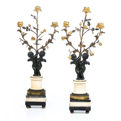 Coppia di Candelabri con Putti in Bronzo Brunito e Dorato, Francia, XIX Secolo