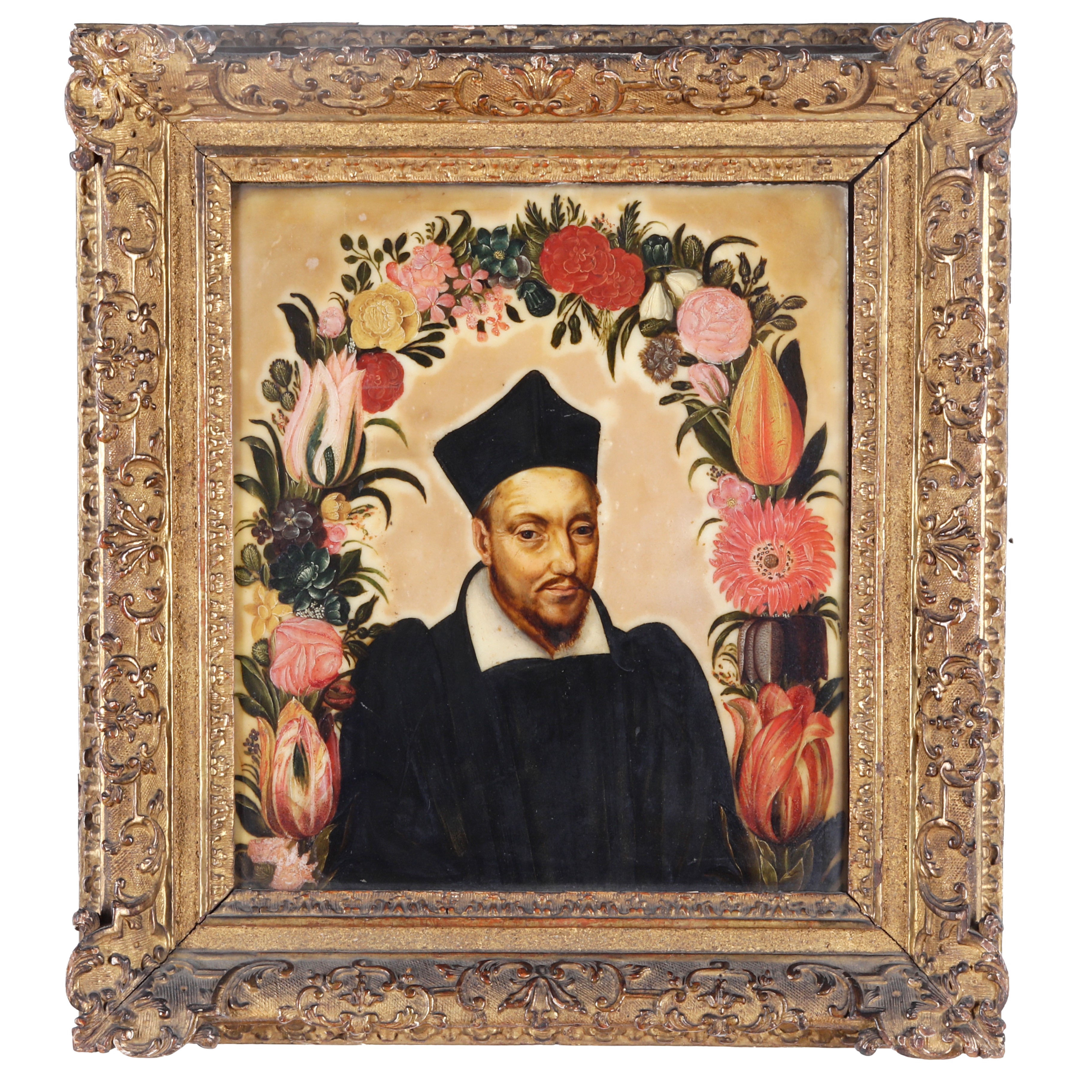 Scuola del XVIII secolo Ritratto di prelato entro ghirlanda di fiori