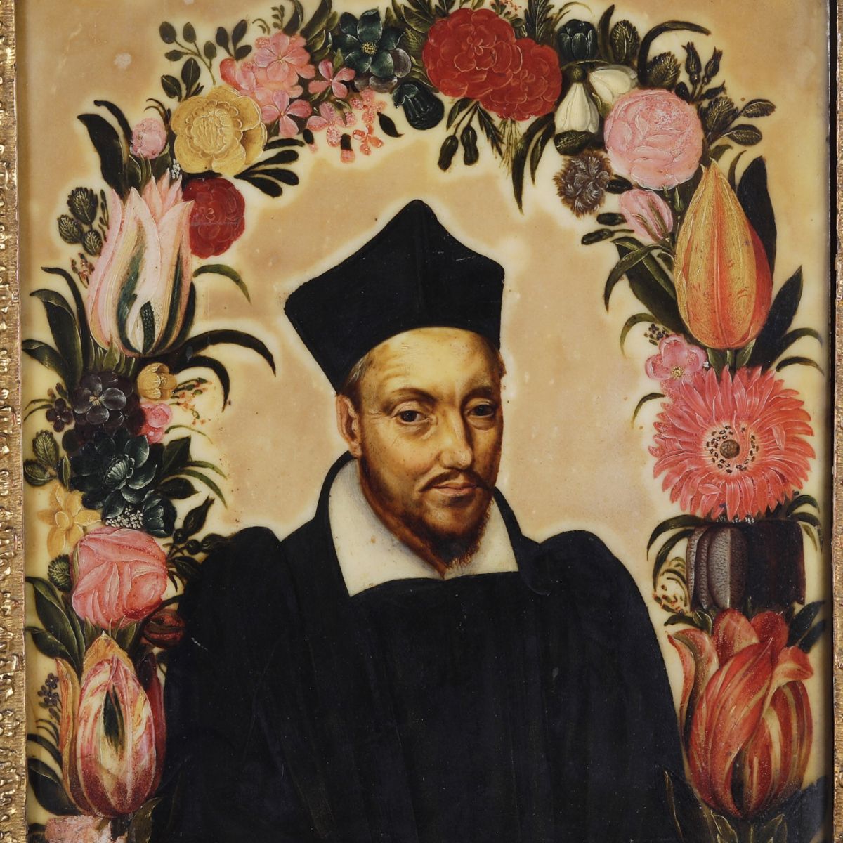 Scuola del XVIII secolo Ritratto di prelato entro ghirlanda di fiori