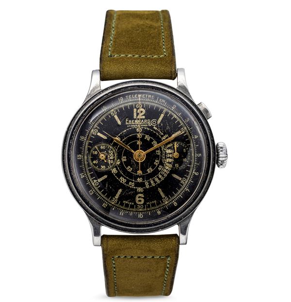 Rare Pre Extrafort chrono monopusher with black Gilt dial, step steel case, hand-wound movement and  [..]