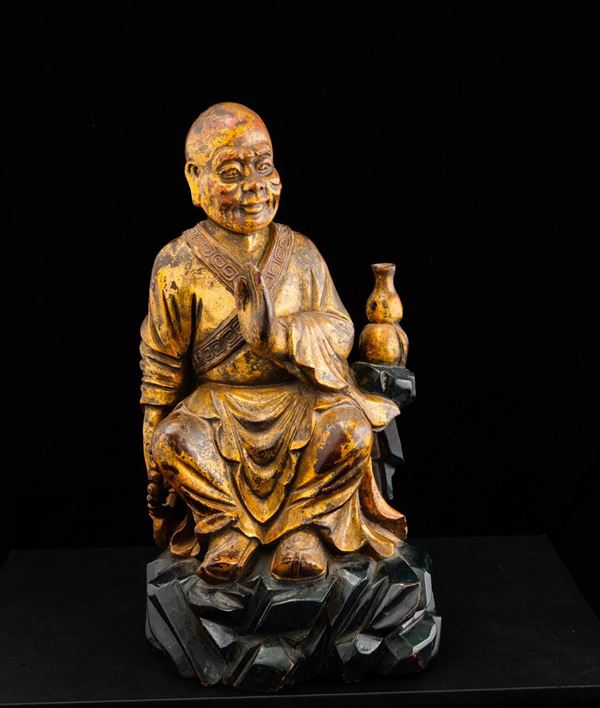 Figura di saggio in legno laccato e dorato, Cina, Dinastia Qing, XIX secolo