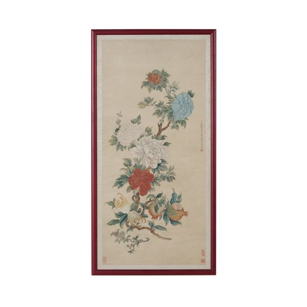 Scroll con peonie a colori. Cina XX secolo