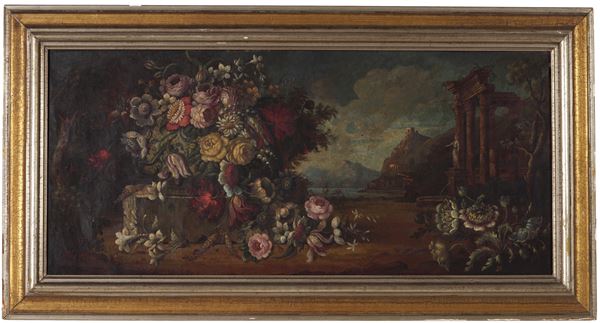 Scuola del XVIII secolo Natura morta con vaso di fiori e rovine sullo sfondo