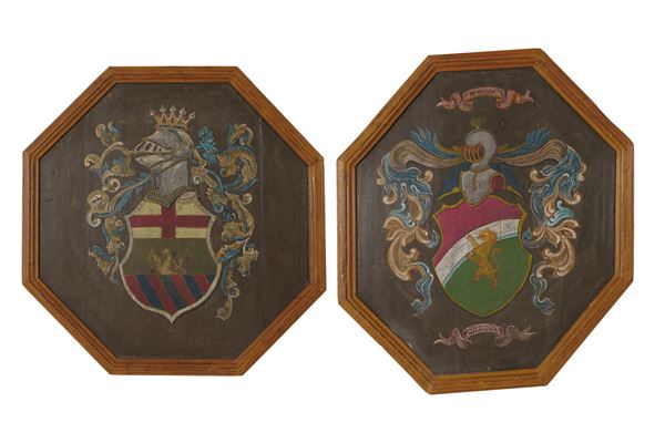 Coppia di stemmi nobiliari olio su tavola, XX secolo