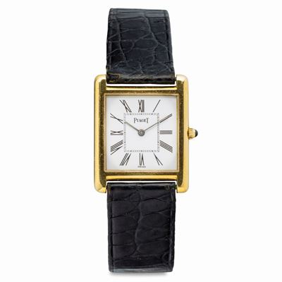 Fine Tank in Oro Giallo 18k, Quadrante Bianco con Numeri Romani, Movimento Carica Manuale con Zaf...