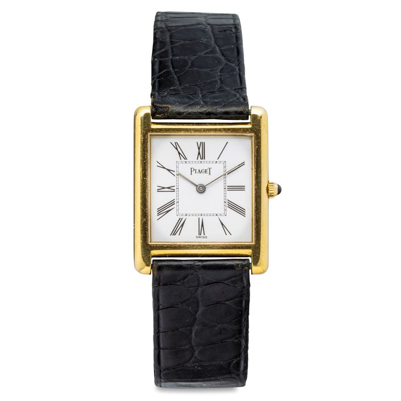 Piaget : Fine Tank in 18k yellow gold, white dial with Roman numerals, manual winding movement with sapphire cabouchon crown  - Auction Wrist Watches - Cambi Casa d'Aste