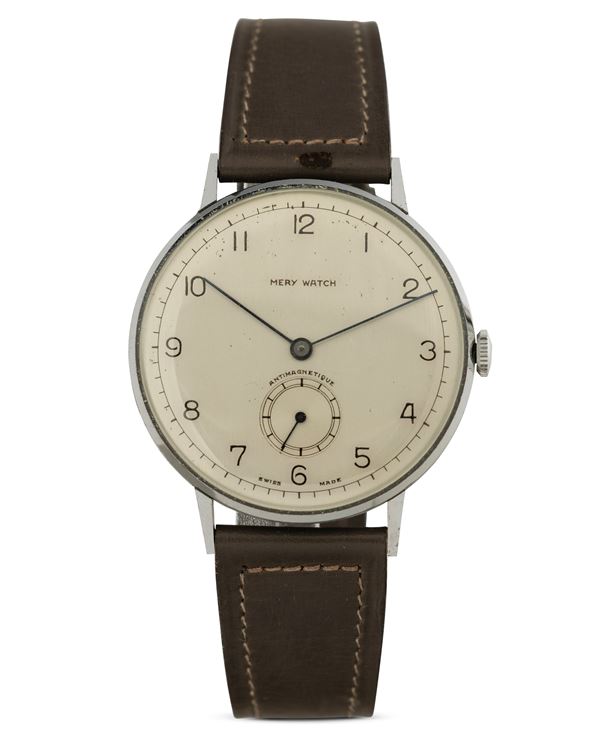 Mery Watch - Antimagnetique in acciaio carica manuale, quadrante Argentè con numeri Arabi, 38 mm