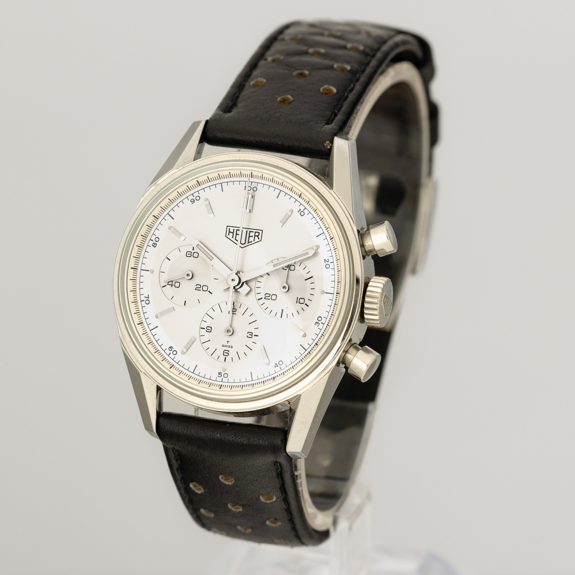 Heuer - Carrera Cronografo Carica Manuale Tre Contatori in Acciaio, Tasti a Pompa, Quadrante Arge...