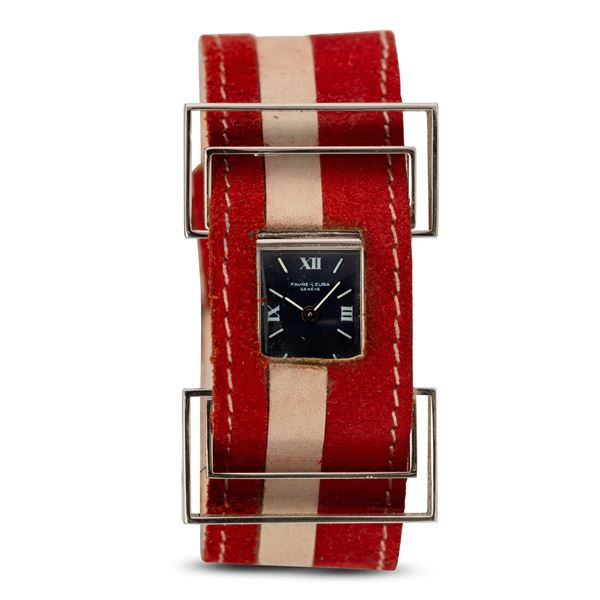 Eccentrico orologio di design anni '70 con cassa in metallo e cinturino passante, quadrante nero con  [..]
