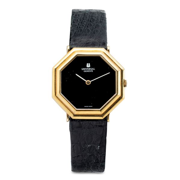 Rare octagonal watch with Onyx dial, 18k yellow gold case and hand-wound movement
