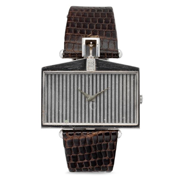 Stravagante e prestigioso orologio di forma Rolls Royce in oro bianco 18k, quadrante a motivo di griglia  [..]