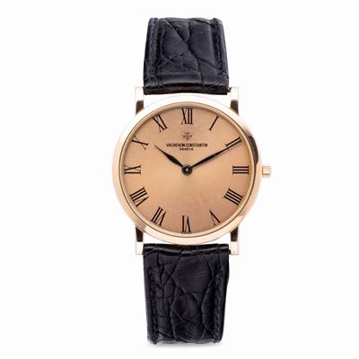 Elegante Patrimony Ultrapiatto in Oro Rosa Quadrante Rosa con Numeri Romani Laccati Neri, Lancett...