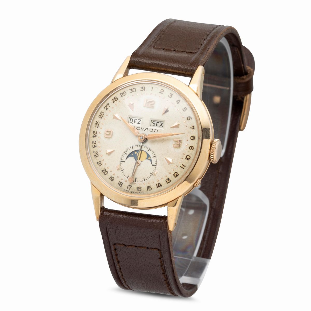 Movado - Orologio in Oro Giallo con Triplo Calendario con Fasi Lunari, Quadrante Argentè con Indi...