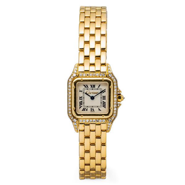 Cartier - Panthère Lady refined and elegant 18k yellow gold watch, white dial with diamonds finely set on carrures and lugs