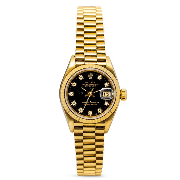 Rolex - Elegant Deatejust Lady ref 69178 in 18k yellow gold with black dial with brilliant hour markers and President bracelet with retractable closure, accompanied by box and warranty