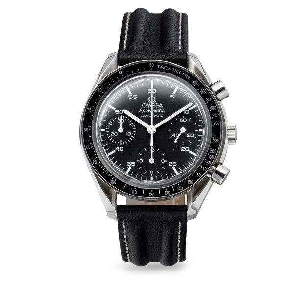 Iconic and sporty Speedmaster Reduced three-counter chronograph in stainless steel, with box and warr [..]