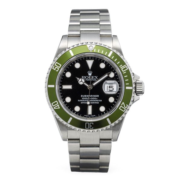 Rolex - Iconic and sporty Submariner 16610 LV of the 50th anniversary, with green revolving bezel, stainless steel with black dial and seal on the back, accompanied by box and warranty