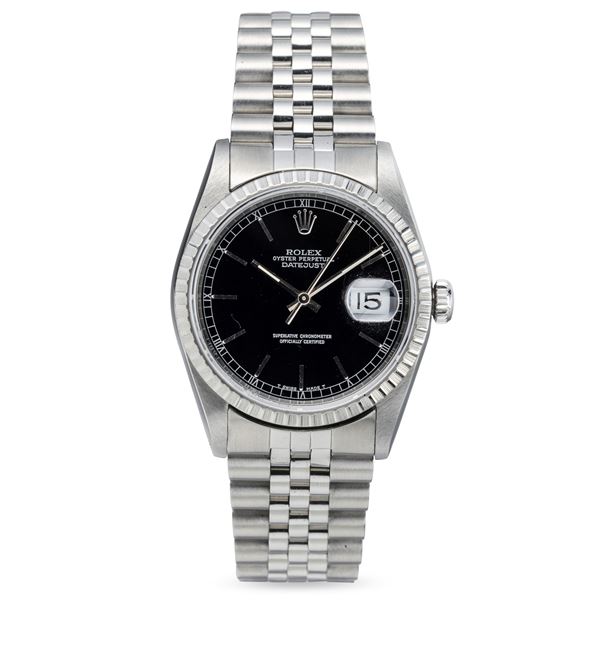 Rolex - Classic Datejust ref 16220 Stainless Steel, Bezel Godronata, Polished Black Dial with Applied Hour Markers, Jubilee Bracelet