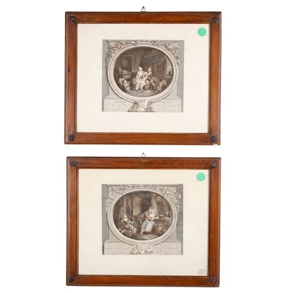 Coppia di stampe colorate con scene galanti, Francia XVIII-XIX secolo