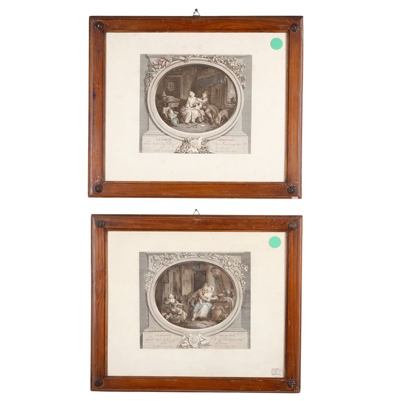 Coppia di stampe colorate con scene galanti, Francia XVIII-XIX secolo  - Auction Antiques - Cambi Casa d'Aste