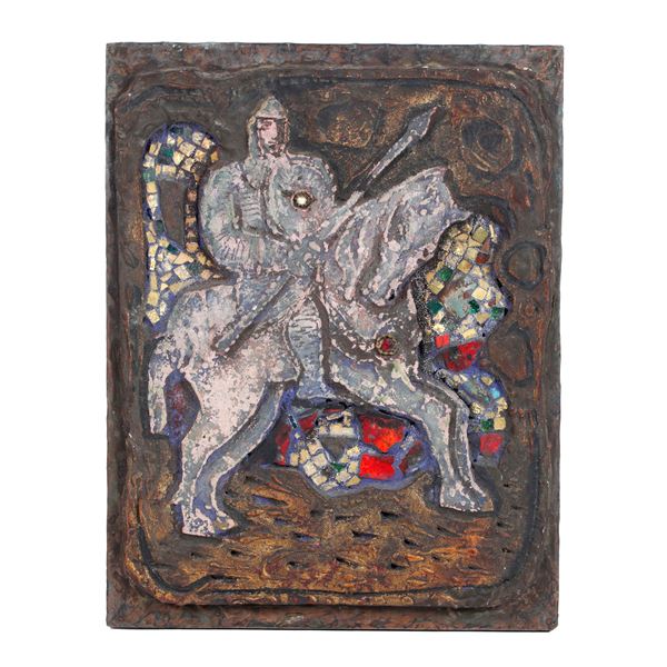 Rilievo a tecnica mista raffigurante cavaliere in armatura. XX secolo