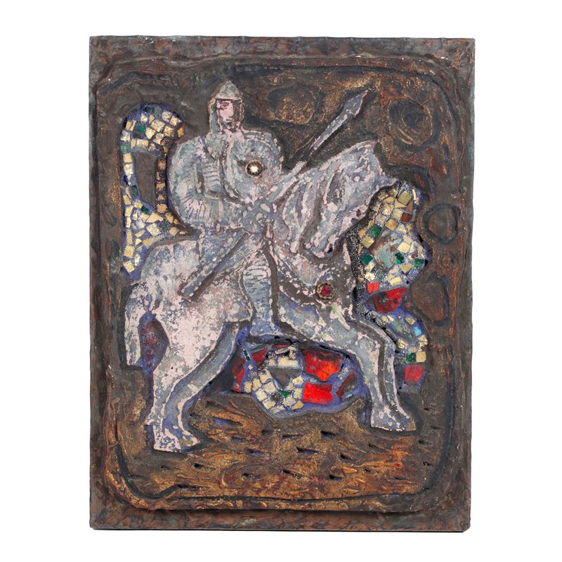 Rilievo a tecnica mista raffigurante cavaliere in armatura. XX secolo  - Asta Antiquariato - Cambi Casa d'Aste
