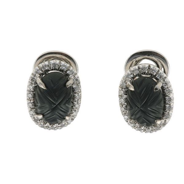 Pair of jet and diamond cluster earrings. Signed Margherita Burgener