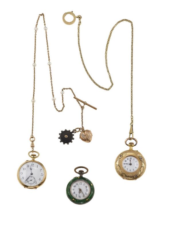 Three enamel and gold pocket watches