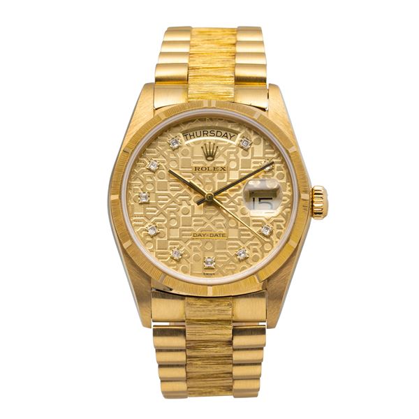 Rolex - Prestigioso Day Date President Bark in oro giallo 18k, quadrante champagne "Computer Dial" con indici delle ore in brillanti
