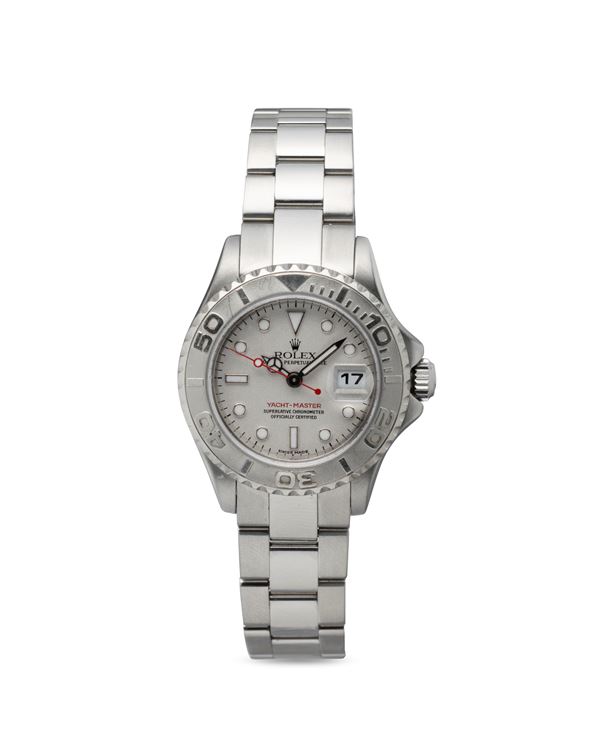Rolex - Versatile and sporty Yacht Master Lady ref 169622 in steel with 950 platinum rotating ring, matte grey dial, contrasting red seconds ball, Oyster bracelet.