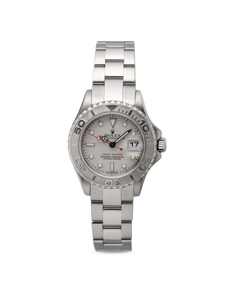 Rolex : Versatile and sporty Yacht Master Lady ref 169622 in steel with 950 platinum rotating ring, matte grey dial, contrasting red seconds ball, Oyster bracelet.  - Auction Wrist Watches - Cambi Casa d'Aste