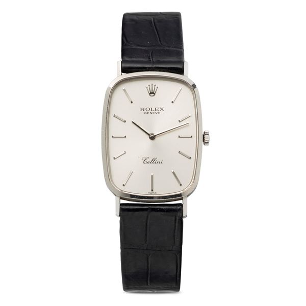 Rolex - Unusual Cellini Ref 4113 rectangular shape 18k white gold manual winding silver dial with applied hour markers